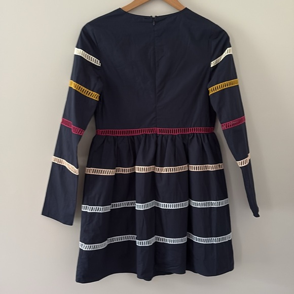 English Factory A Line Dress Cotton Mini Stripe Lattice Cutout Detail Navy Sz S - Picture 4 of 14